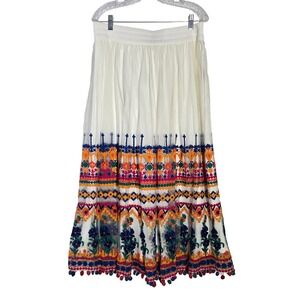 Soft Surroundings Sz L Solomeo White Embroidered Tulle Maxi Skirt Pom Pom Trim